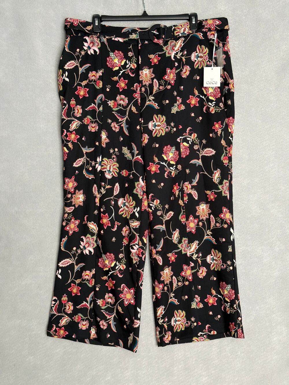 CeCe Floral Wide-Leg Pants Belted Rich Black Women's 20W NEW